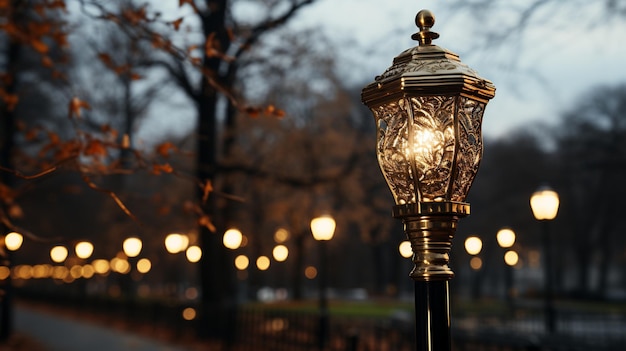 Un lampione nel parco con le luci accese