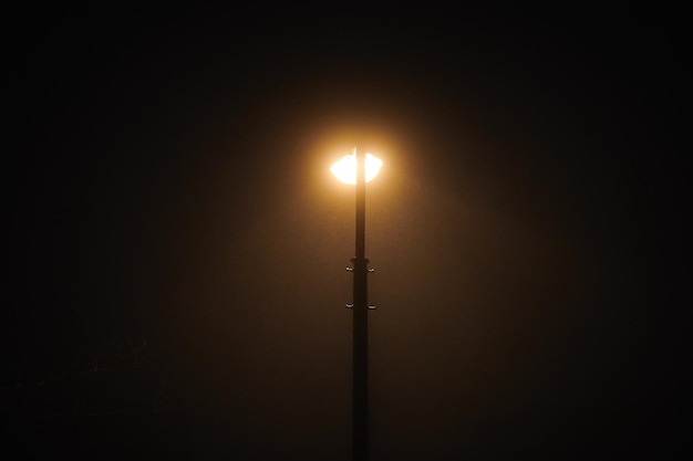 Un lampione notturno brilla di una debole luce gialla misteriosa nella nebbia serale