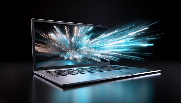 Un laptop color argento con velocità dell'otturatore lenta, fotografia Impressionismo 8K ad alta risoluzione