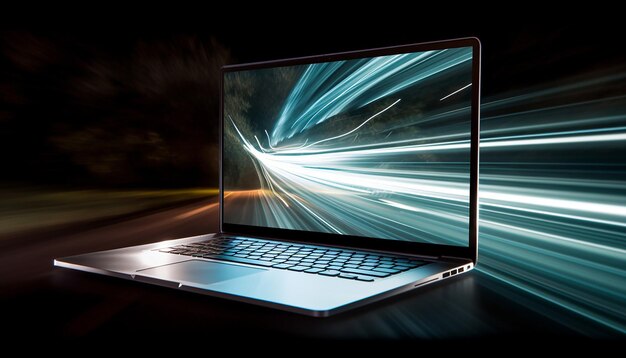 Un laptop color argento con velocità dell'otturatore lenta, fotografia Impressionismo 8K ad alta risoluzione