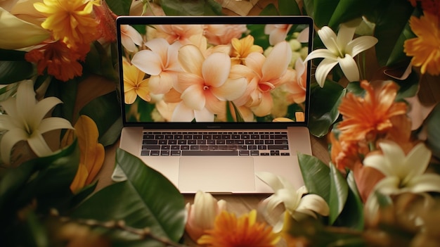 Un laptop con fiori sullo schermo