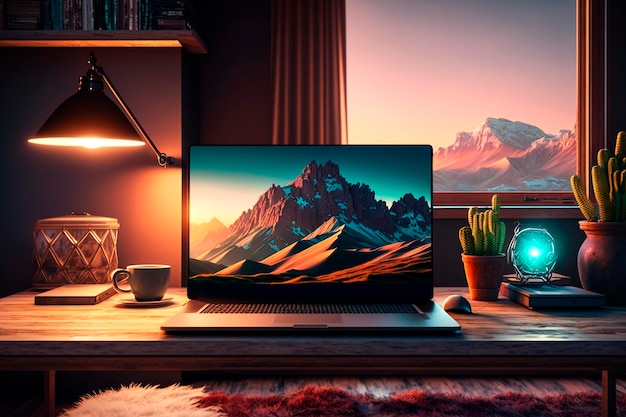 Un laptop con montagne sullo schermo è su una scrivania