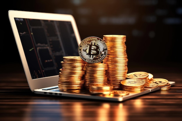 Un laptop con un bitcoin in cima che rappresenta l'uso della valuta digitale nella tecnologia moderna Monete d'oro bitcoin denaro virtuale su un laptop generato dall'intelligenza artificiale