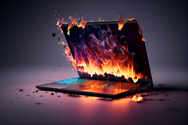 Un laptop con un fuoco che sta bruciando