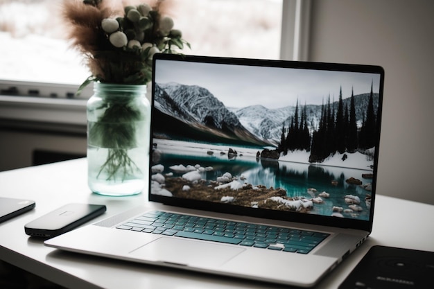 Un laptop con una montagna innevata sullo schermo