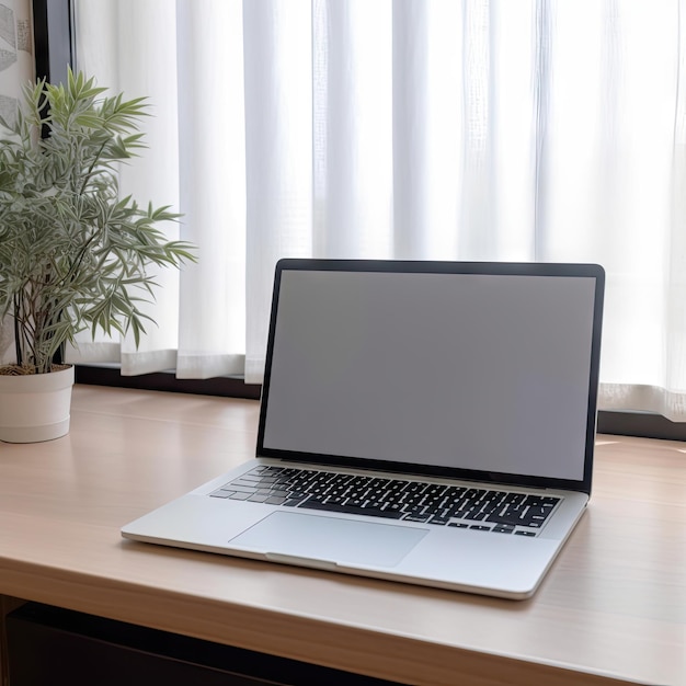 Un laptop con uno schermo bianco è aperto e si trova su un tavolo di legno.