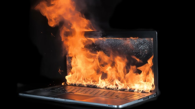 Un laptop è in fiamme con fiamme sullo schermo.