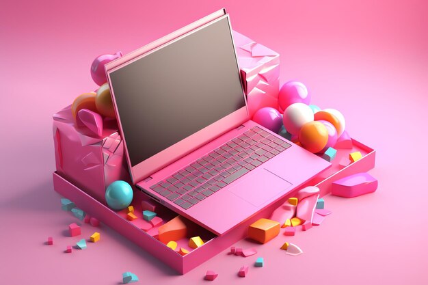 Un laptop rosa con una tastiera rosa e un mucchio di palline colorate sopra.