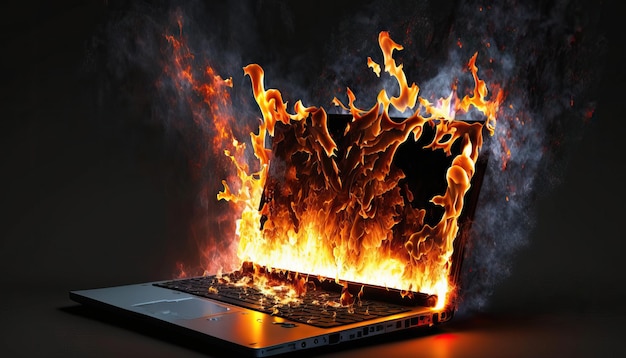 Un laptop sta bruciando con le fiamme