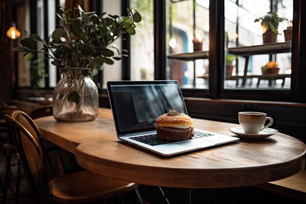 un laptop su un tavolo con una tazza di caffè e muffin davanti alla finestra dietro di esso