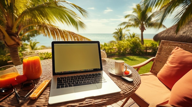 Un laptop su un tavolo con una tazza di caffè e un piatto di cibo sopra