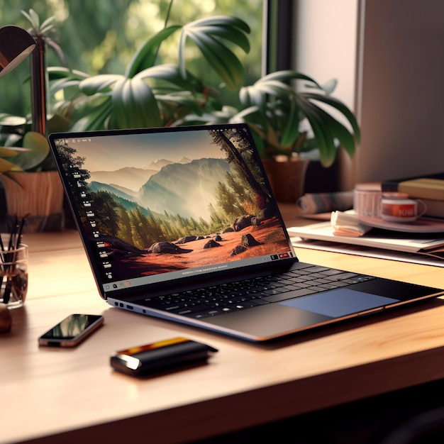 Un laptop su un tavolo di legno di fronte alla finestra Piante verdi sul tavolo Accogliente luogo di lavoro di un freel