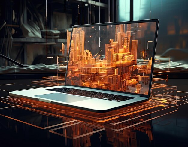 un laptop su una scrivania con edifici e una città nello stile della geometria astratta contemporanea