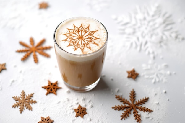 Un latte con un motivo a fiocco di neve sul tavolo bianco