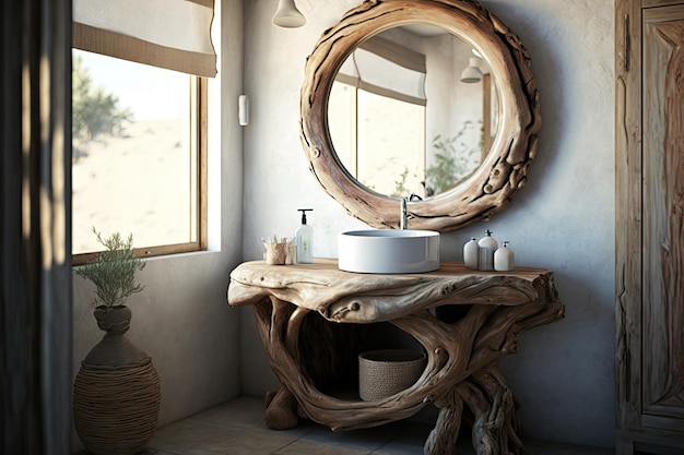 Un lavabo rustico in legno con un lavabo rotondo bianco e accenti naturali creati con l'IA generativa