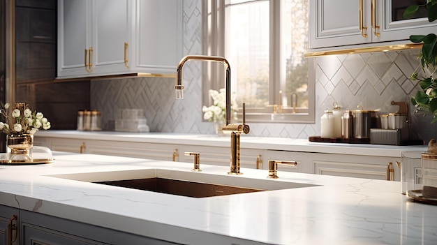 un lavandino da cucina di lusso le intricate piastrelle di backsplash di spine di pesce il bancone di marmo bianco incontaminato e l'opulento rubinetto d'oro l'eleganza di questo design di cucina