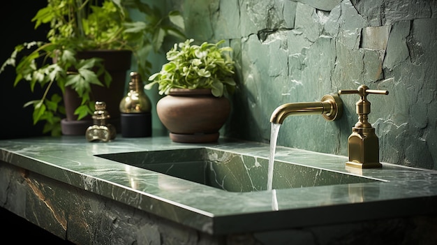 un lavandino del bagno con un rubinetto d'acqua e piante in vaso su di esso