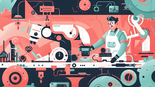 Un lavoratore allegro prospera in una linea di produzione efficiente e futuristica