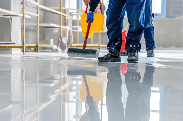 Un lavoratore applica un rivestimento epoxidico lucido a un pavimento di cemento con un rullo che fornisce una finitura liscia e durevole in un ambiente industriale ben illuminato