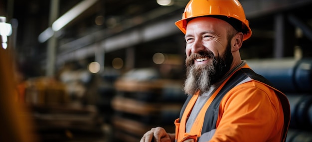 un lavoratore bianco con la barba che sorride ad altri studenti