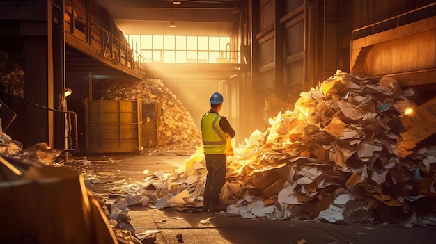 Un lavoratore con indumenti di sicurezza smista i materiali riciclabili nella fabbrica di separazione