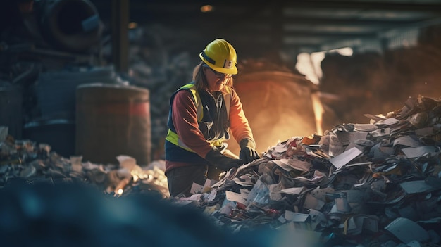Un lavoratore con indumenti di sicurezza smista i materiali riciclabili nella fabbrica di separazione