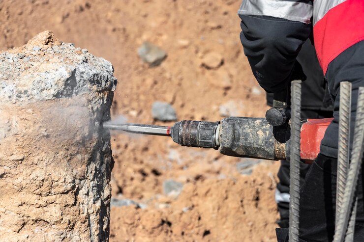 Un lavoratore con un martello pneumatico rompe i pali di cemento Abbattimento della testa del palo con un utensile manuale Preparazione dei pali per il montaggio della fondazione