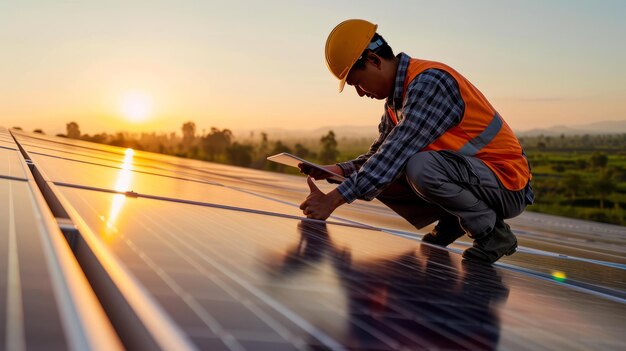Un lavoratore del tetto alza il pollice mentre monitora i pannelli solari con un