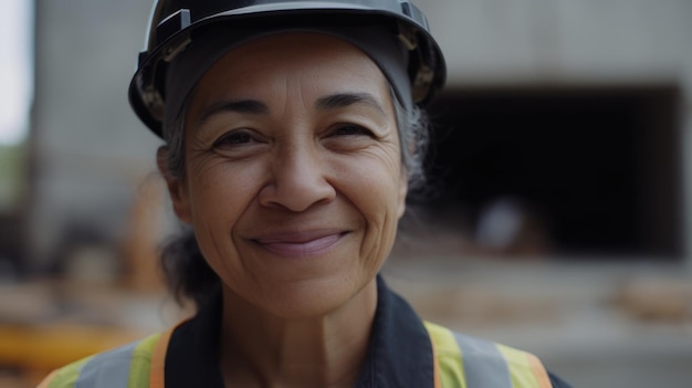 Un lavoratore di costruzione femminile ispanico maggiore sorridente che sta nel cantiere