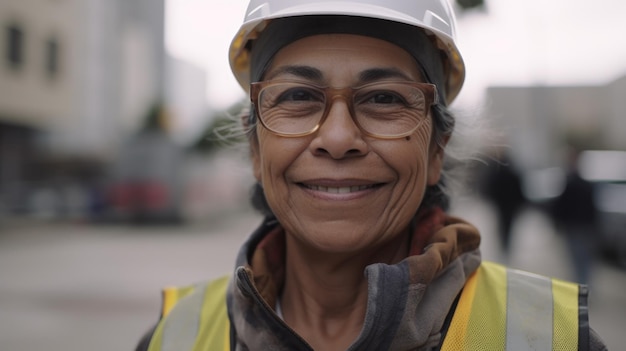 Un lavoratore di costruzione femminile ispanico maggiore sorridente che sta nel cantiere