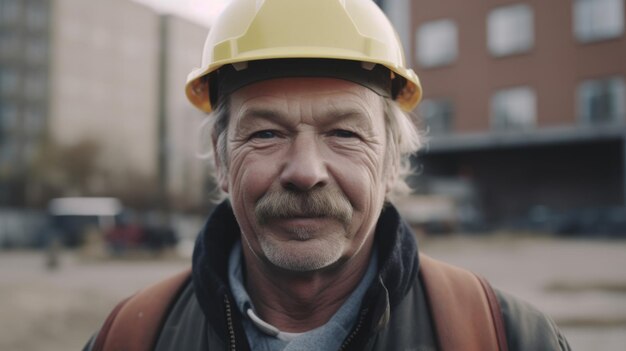 Un lavoratore di costruzione maschio svedese maggiore sorridente che sta nel cantiere