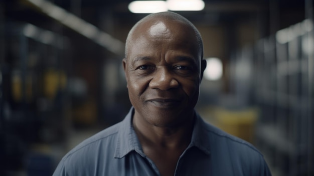 Un lavoratore di fabbrica elettronico maschio africano anziano sorridente in piedi in fabbrica