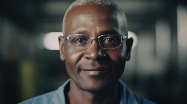 Un lavoratore di fabbrica elettronico maschio africano anziano sorridente in piedi in fabbrica