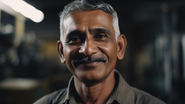 Un lavoratore di fabbrica elettronico maschio indiano senior sorridente in piedi in fabbrica