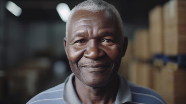 Un lavoratore di fabbrica maschio africano anziano sorridente in piedi in magazzino