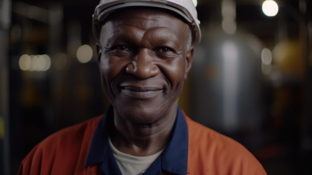 Un lavoratore di fabbrica maschio africano maggiore sorridente che sta nella pianta della raffineria di petrolio