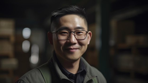 Un lavoratore di fabbrica maschio cinese sorridente che sta nel magazzino