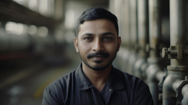 Un lavoratore di fabbrica maschio indiano sorridente che sta nella pianta della raffineria di petrolio