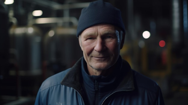 Un lavoratore di fabbrica maschio svedese maggiore sorridente che sta nella pianta della raffineria di petrolio