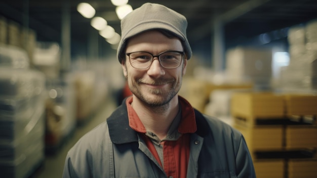 Un lavoratore di fabbrica maschio svedese sorridente che sta nel magazzino