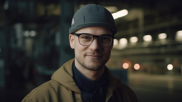 Un lavoratore di fabbrica maschio svedese sorridente che sta nella pianta della raffineria di petrolio