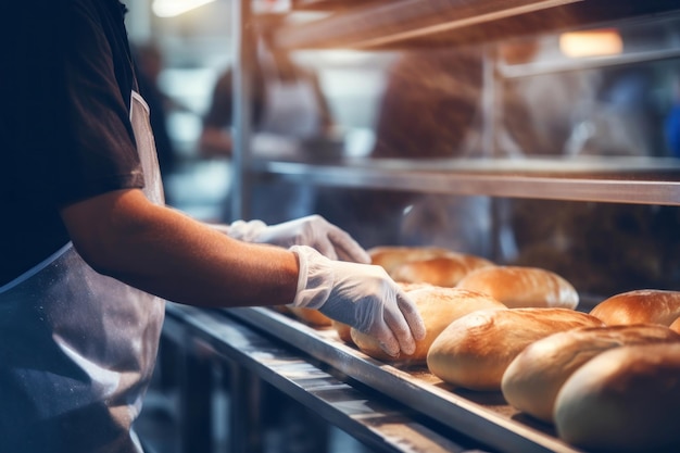 Un lavoratore di una panetteria mette il pane nel forno Impresa di produzione di pane Panetteria Closeup