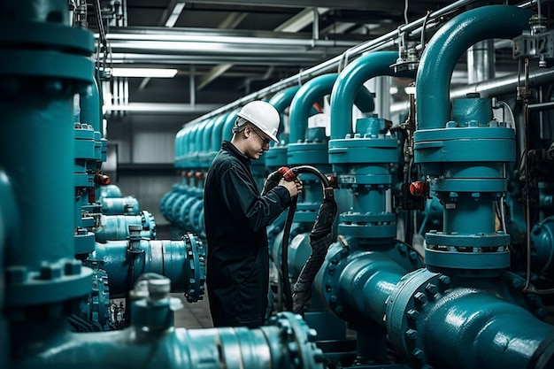 Un lavoratore di una stazione di approvvigionamento idrico ispeziona le valvole delle pompe d'acqua in una sottostazione per la distribuzione di acqua pulita in un grande complesso industriale Tubi d'acqua