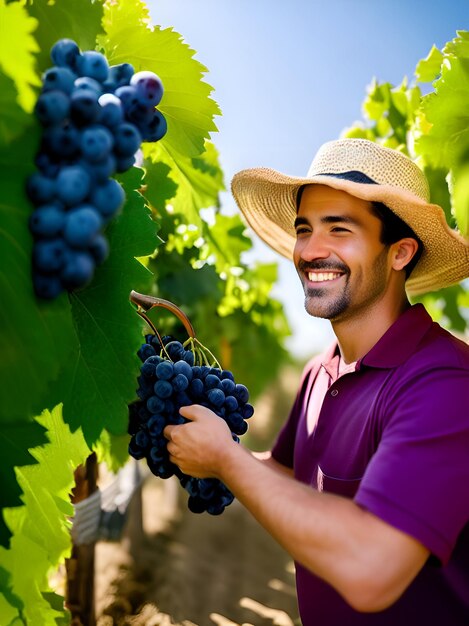 Un lavoratore felice che raccoglie l'uva