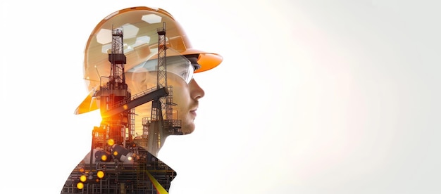 Un lavoratore in attrezzatura di sicurezza sovrapposto a un impianto petrolifero che rappresenta la tecnologia gemella digitale Innovazione industriale Sicurezza sul lavoro Concetto dell'industria petrolifera