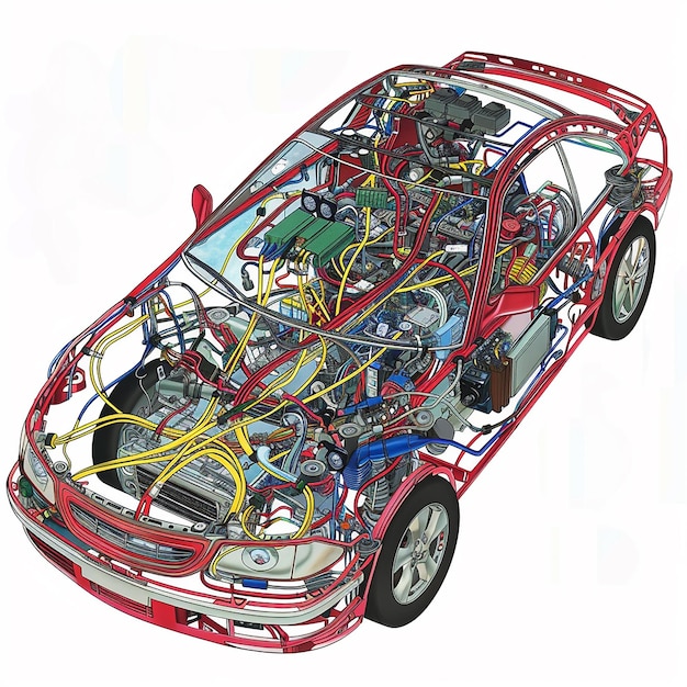 un layout della rete in un cablaggio per auto che mostra tutti i cavi e i fili che si collegano a vari d