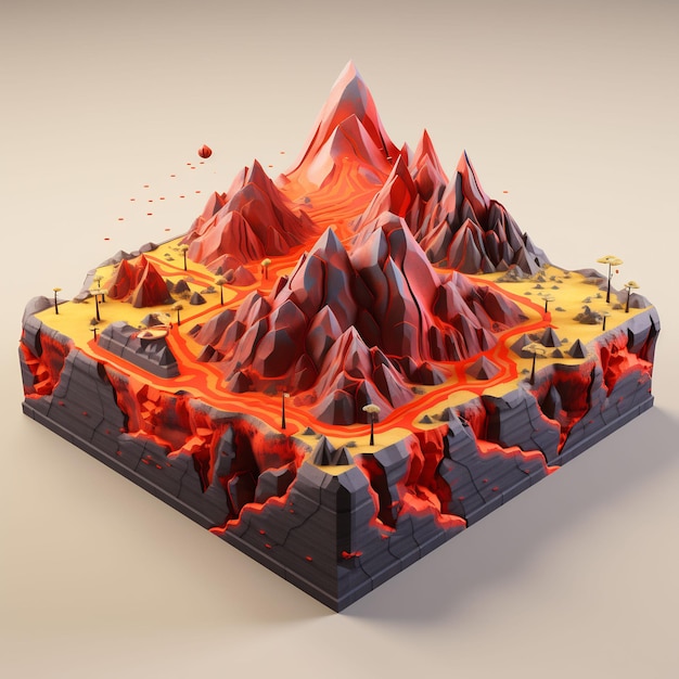 un lego con un vulcano rosso al centro.