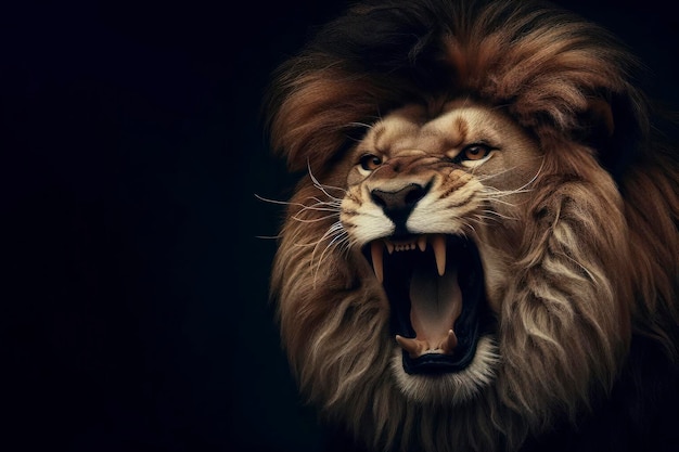 Un leone arrabbiato con la bocca aperta su uno sfondo scuro ai generativo