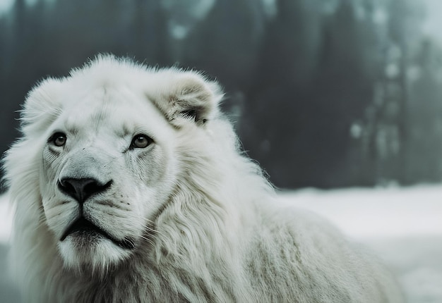 Un leone bianco con un occhio azzurro e uno sfondo nero