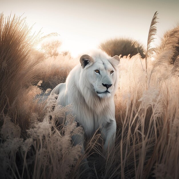 Un leone bianco è nell'erba alta e il sole sta tramontando.